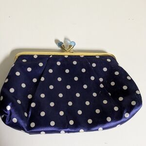Navy Polka Dot Satin Kiss-Lock Clutch with Gold Frame